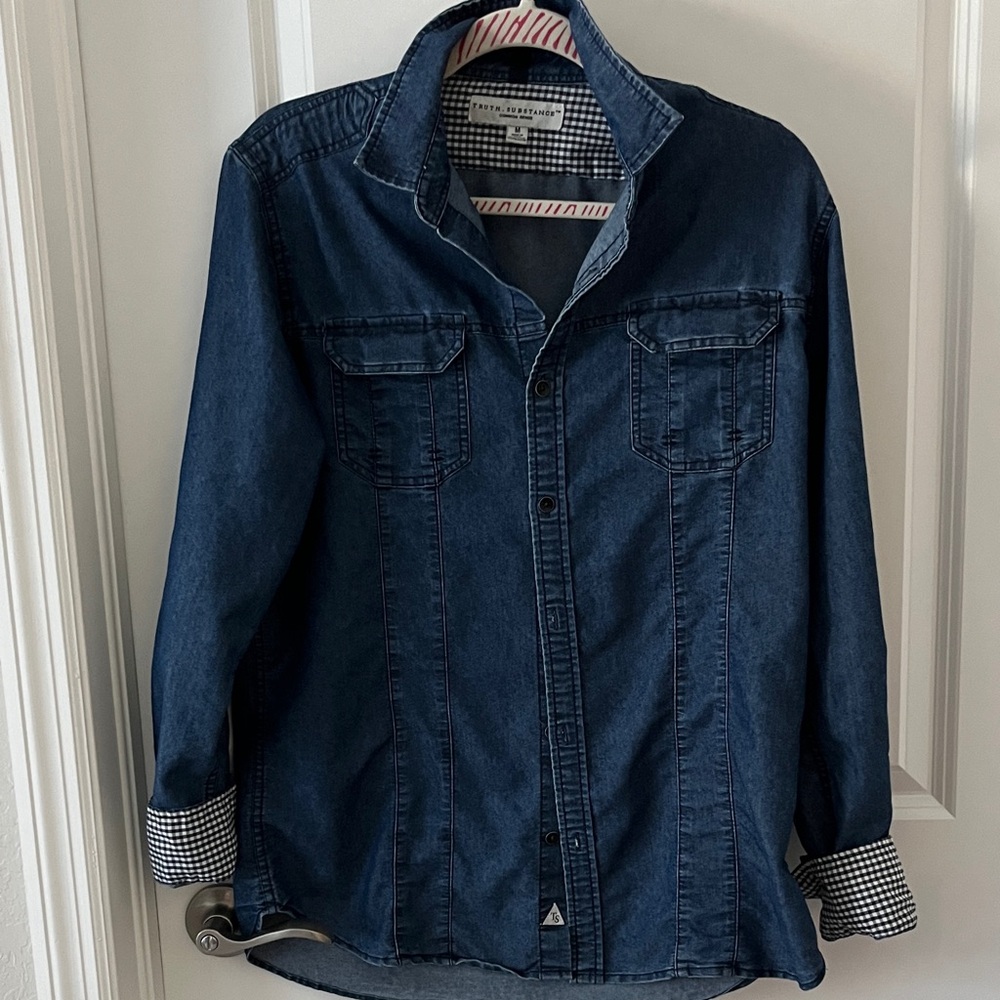 Men's Truth Substance Denim Casual Button Down Shirt Gingham Cuff SZ M NWOTQ